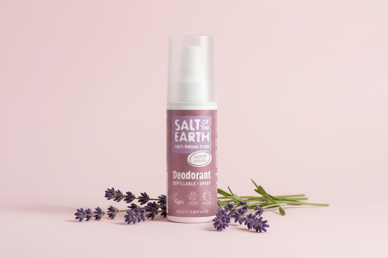 Deodorant spray bottle with lavender flowers on a pink background