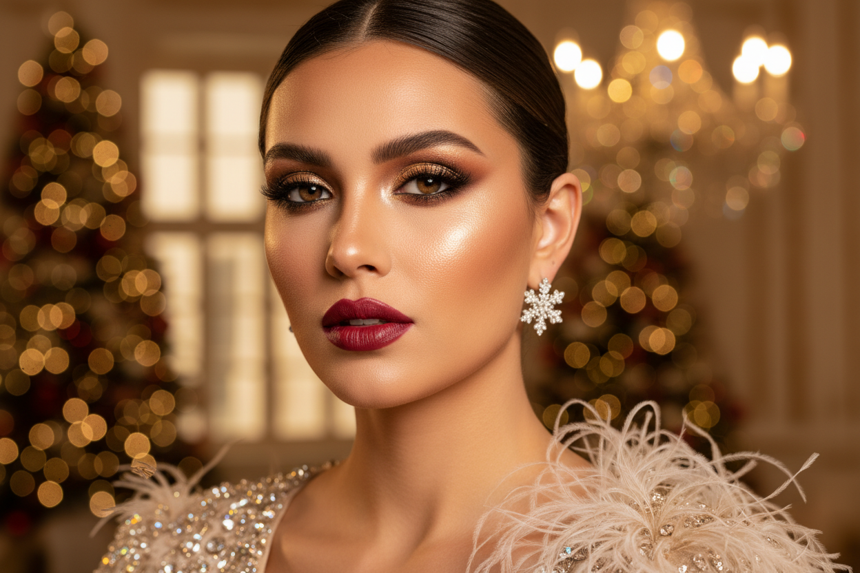 Beautiful woman pro photografy with perfect make up and eyeshadow gold, brown , sparkle christmas mood