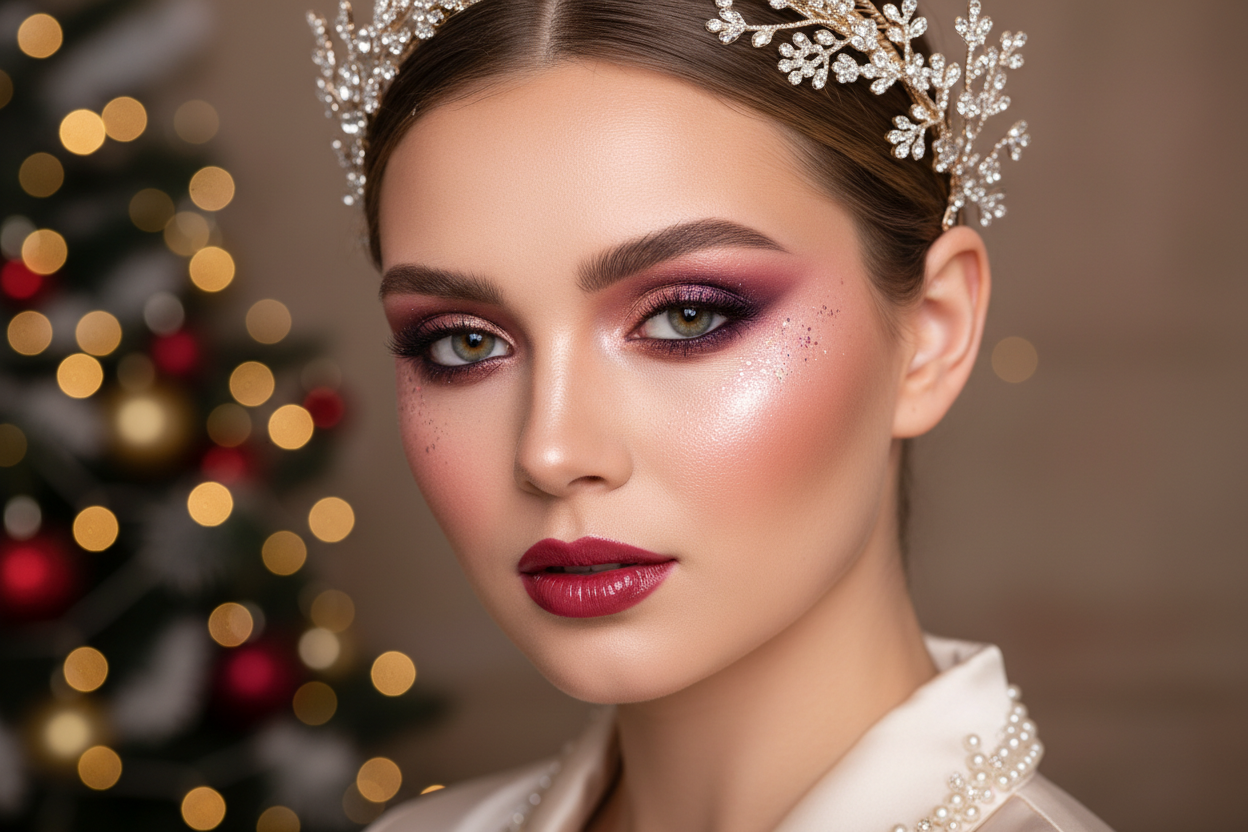 Beautiful woman pro photografy with perfect make up and eyeshadow pink, brown , purple sparkle christmas mood