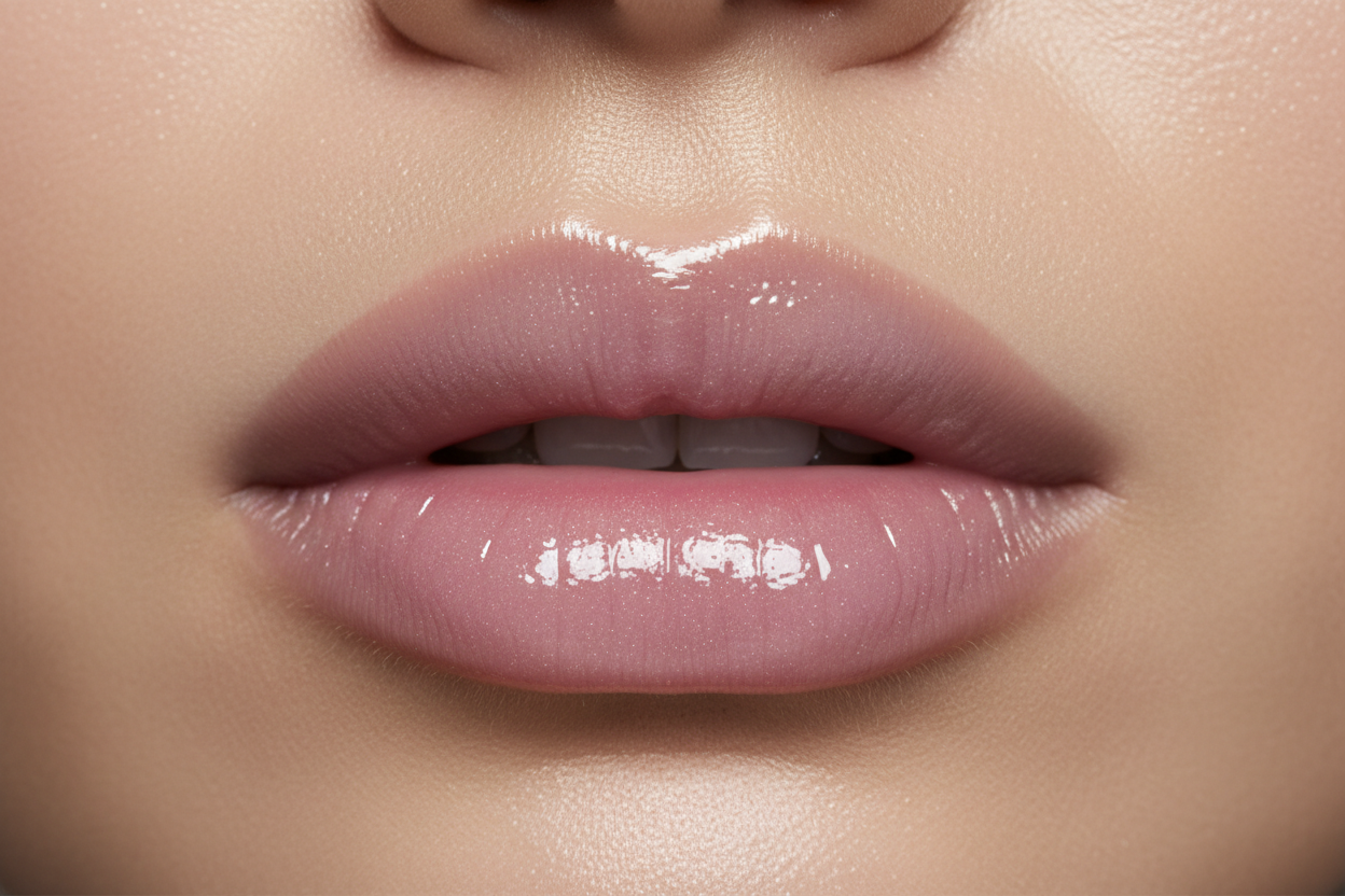 beauty woman face really-close-photografy-with-perfect-skin-beautiful-lips-with-lip-gloss-color: soft pink-lilac