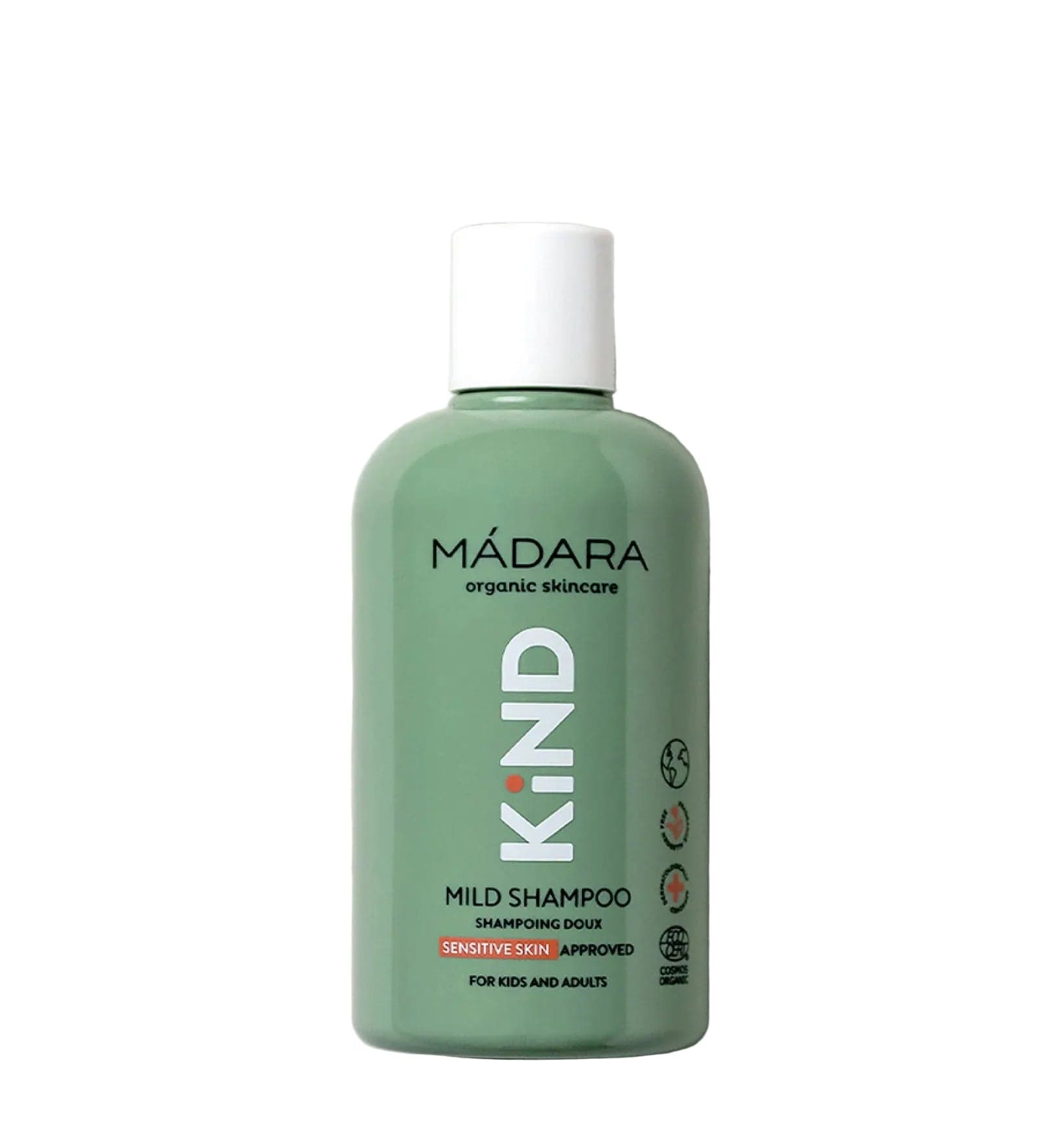 MADARA Kind Mild Shampoo bottle on a white background