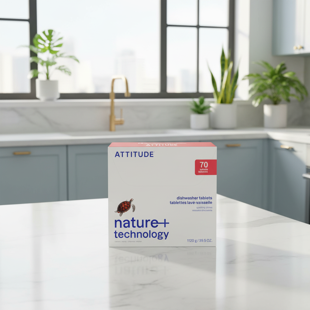 Box of Attitude dishwasher tablets on a kitchen counter with plants and a window in the background