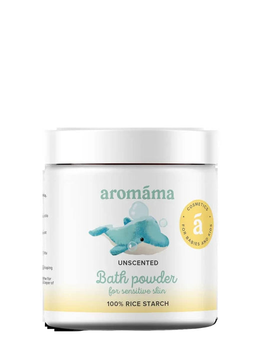 Aromáma unscented bath powder for sensitive skin on a white background