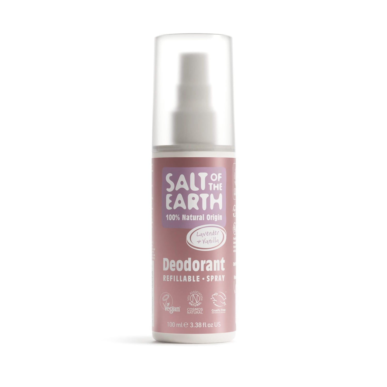 Deodorant spray bottle with 'Salt of the Earth' branding on a white background