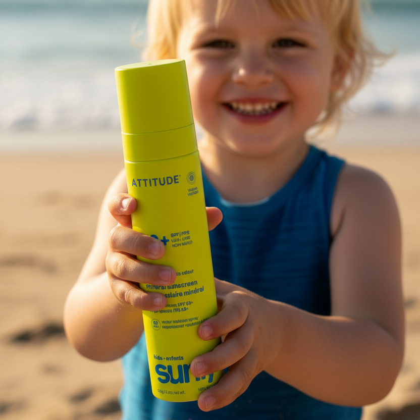 Child holding a yellow bottle of sun screen on a beach