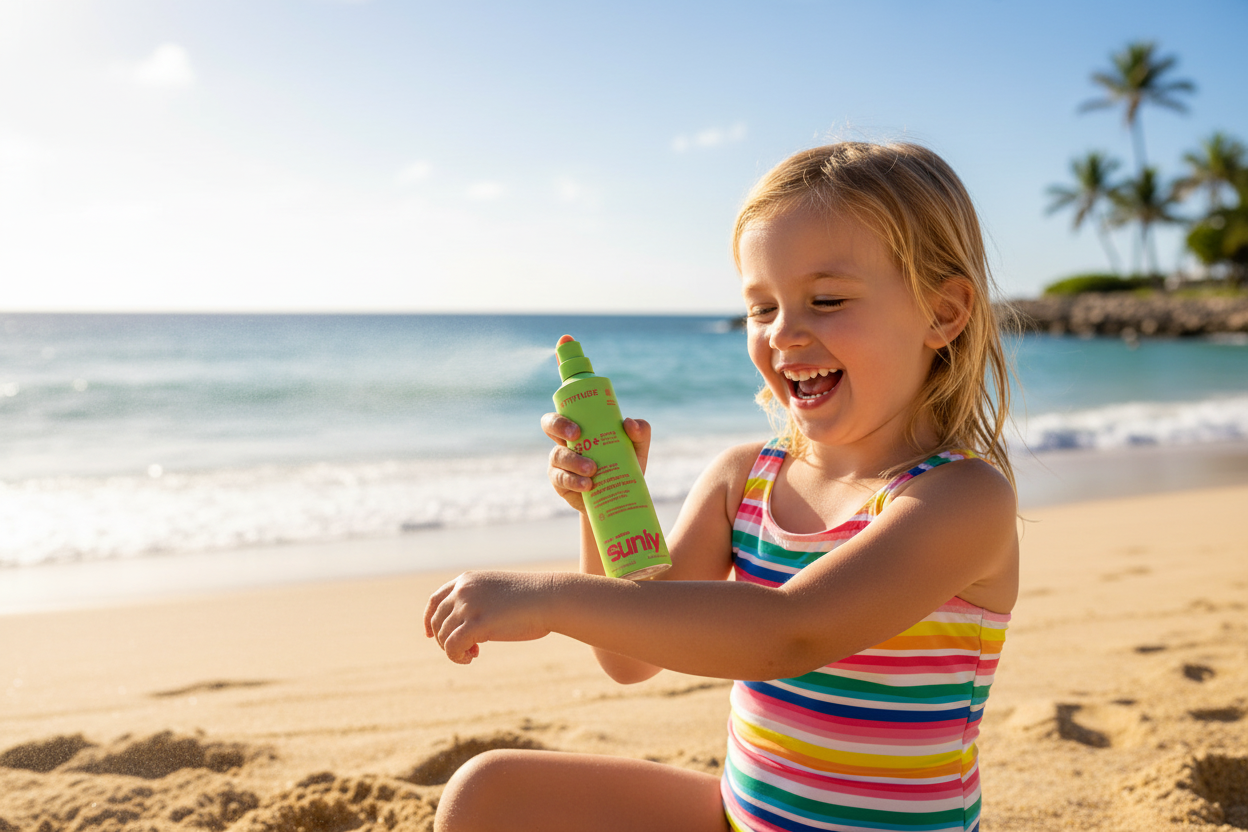 Child applying sunscreen on a sunny beach