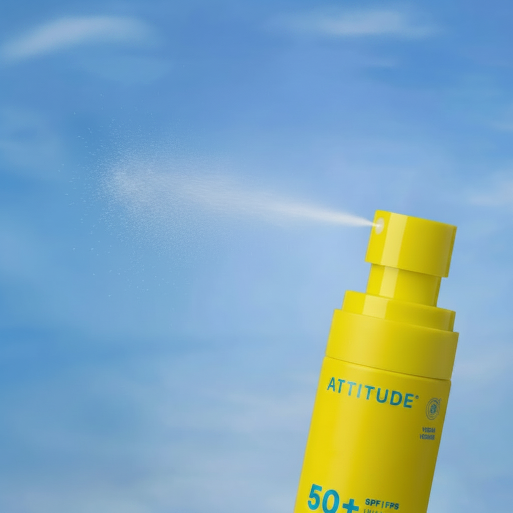 Yellow spray bottle labeled 'ATTITUDE' against a blue sky