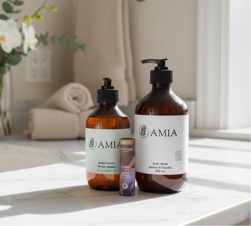 Two AMIA bottles on a bathroom counter with a mirror and flowers in the background.