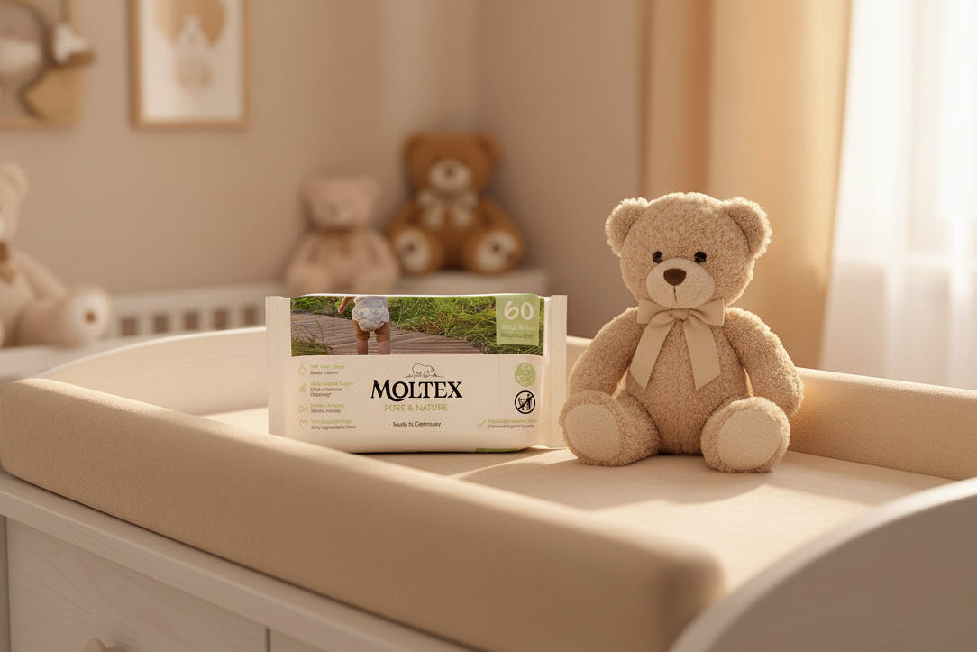 Moltex baby wipes packaging with a child in a diaper in the background