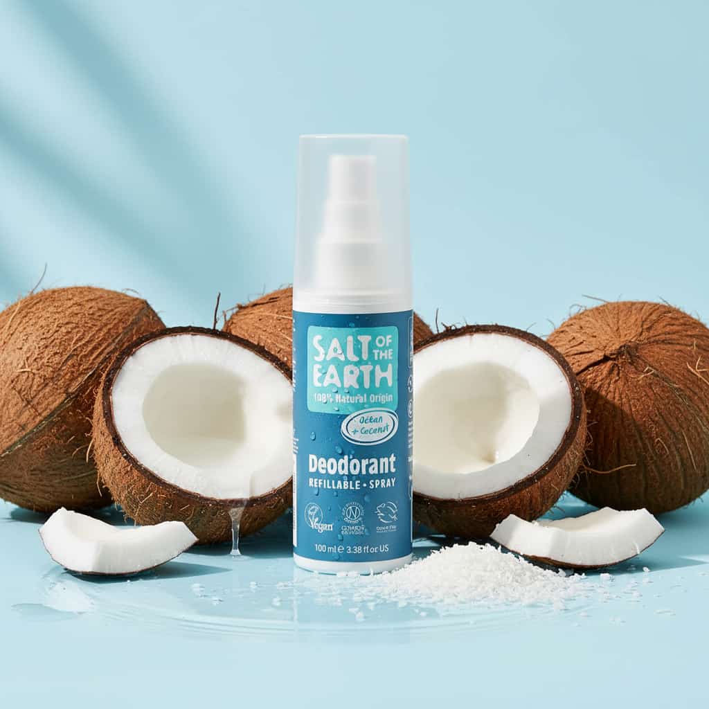 Deodorant spray bottle with coconuts, best organic deo