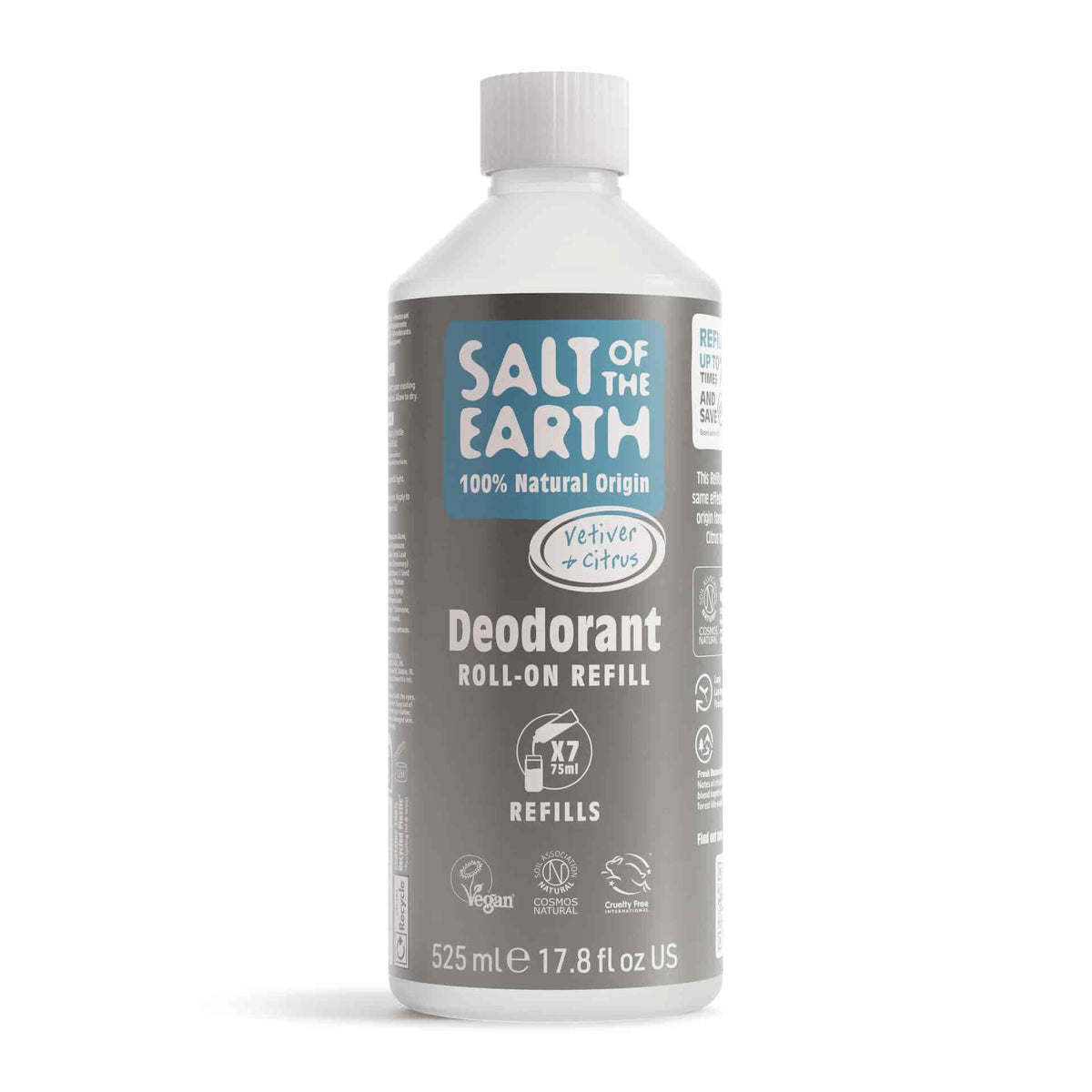 Deodorant spray refill bottle with 'Salt of the Earth' branding on a white background