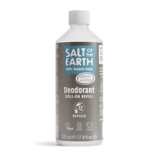 Deodorant spray refill bottle with 'Salt of the Earth' branding on a white background