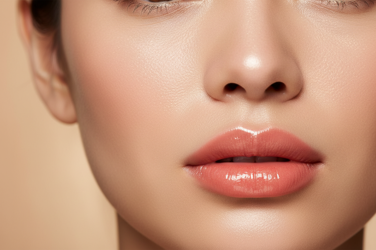 Beauty woman face really close photografy, with perfect skin, beautiful lips with lip gloss - color "soft coral" .