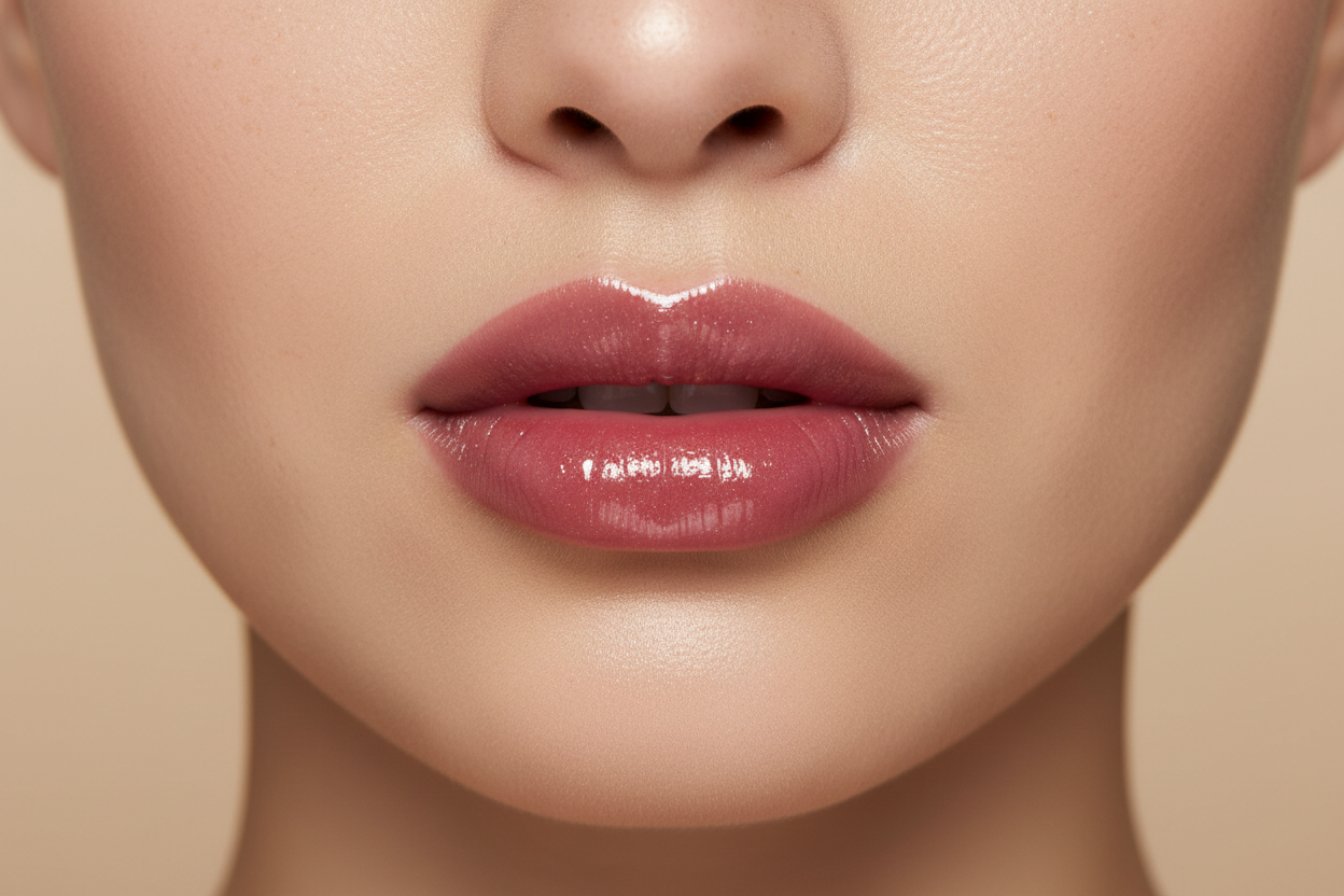 beauty woman photografy close face with beautiful lips - color soft berry lip gloss 