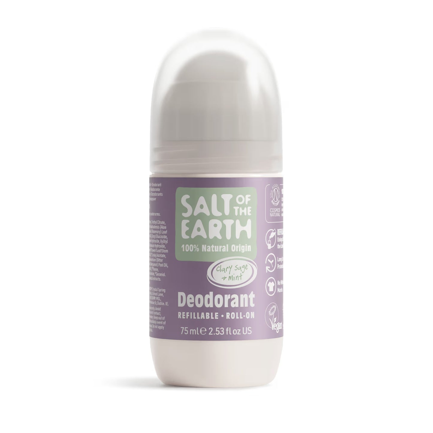 Roll-on deodorant bottle with a purple label on a white background