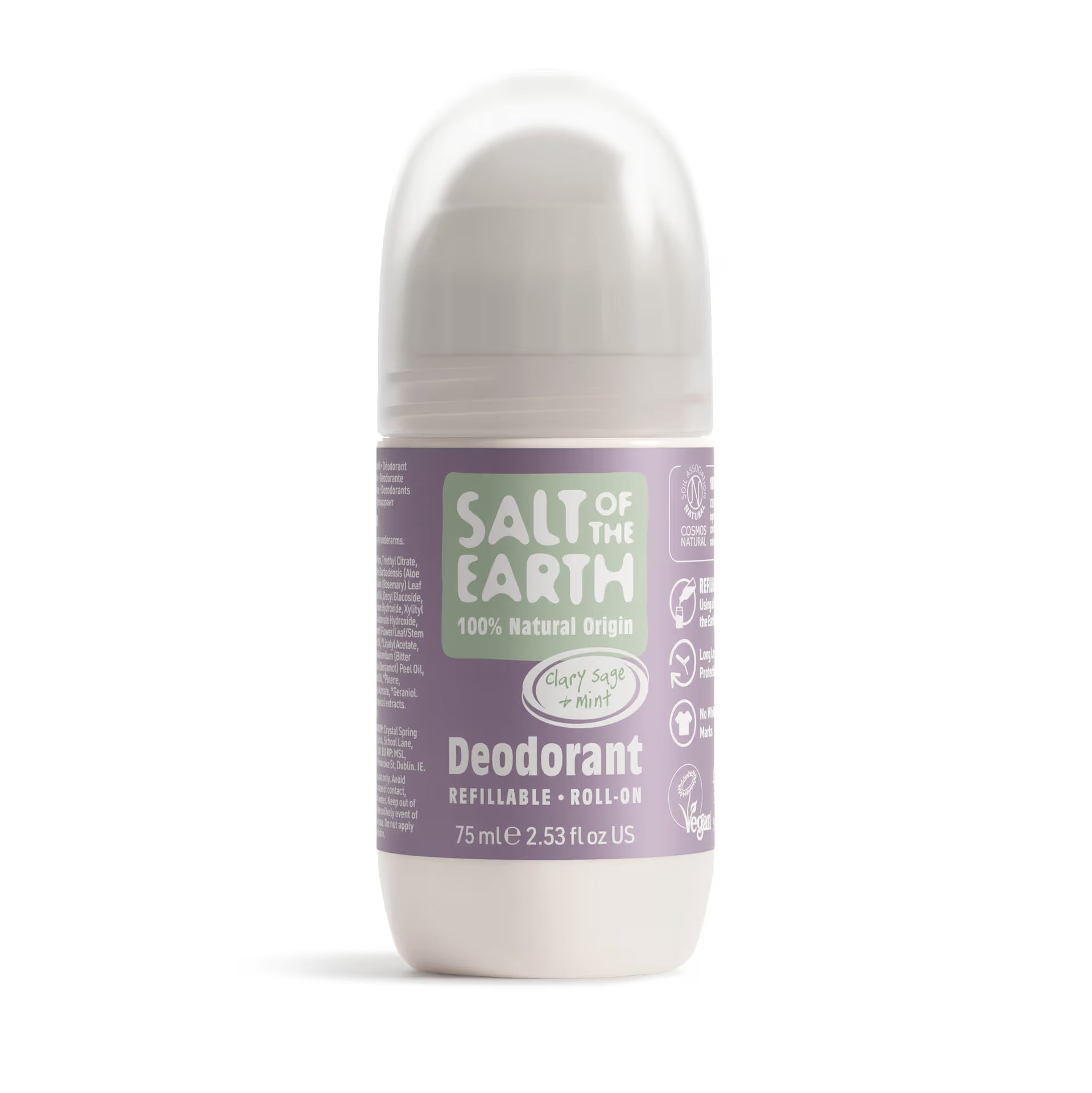 Roll-on deodorant bottle with a purple label on a white background