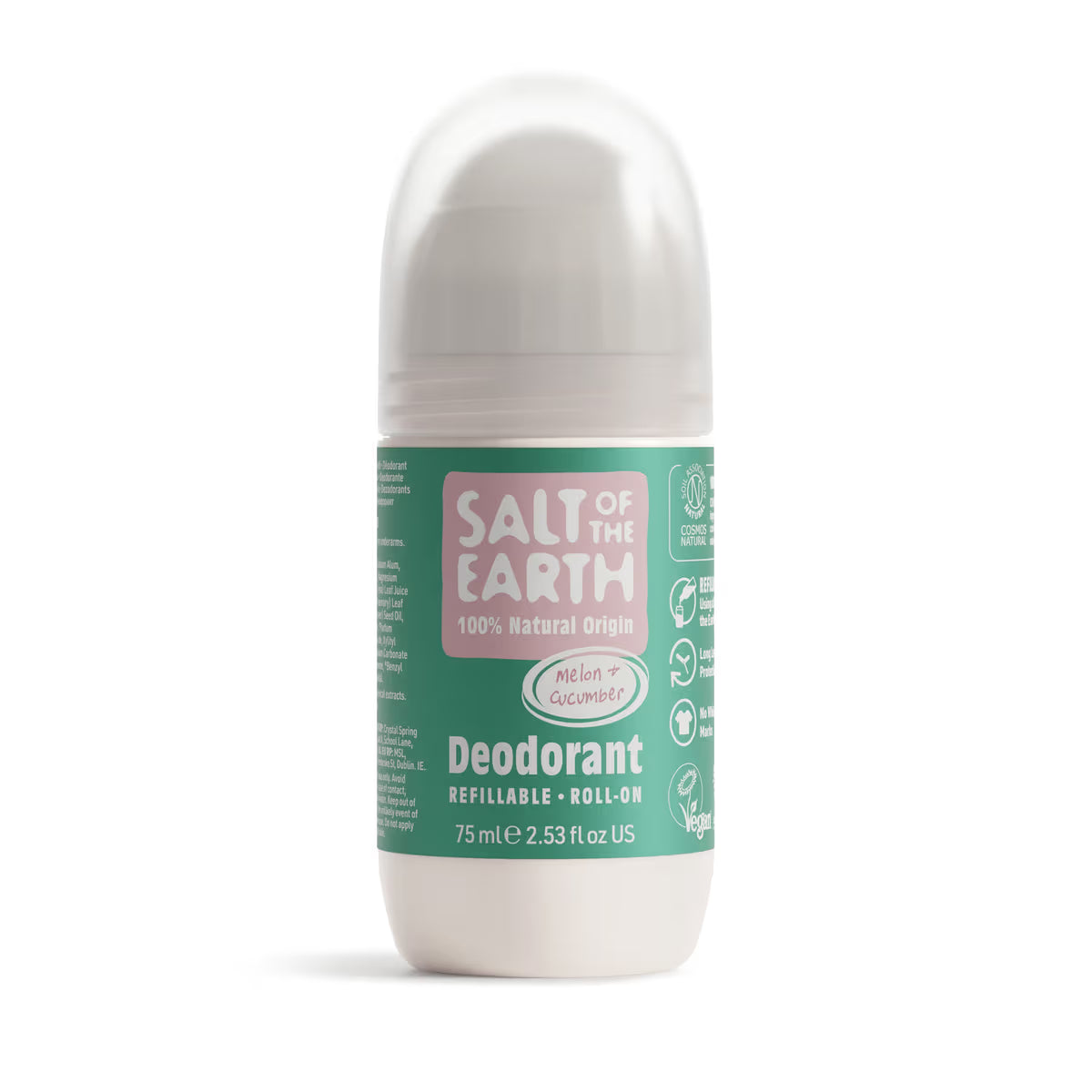 Roll-on deodorant bottle with 'Salt of the Earth' label on a white background