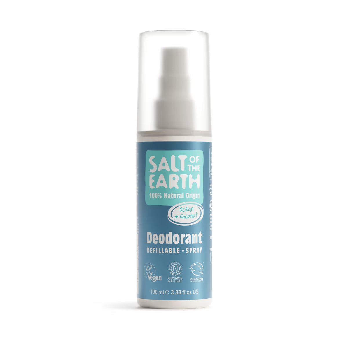 Deodorant spray bottle with 'Salt of the Earth' branding on a white background