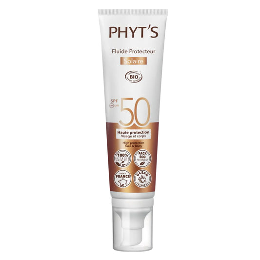 Tube of Phyt's sunscreen fluid protector with SPF 50 on a white background