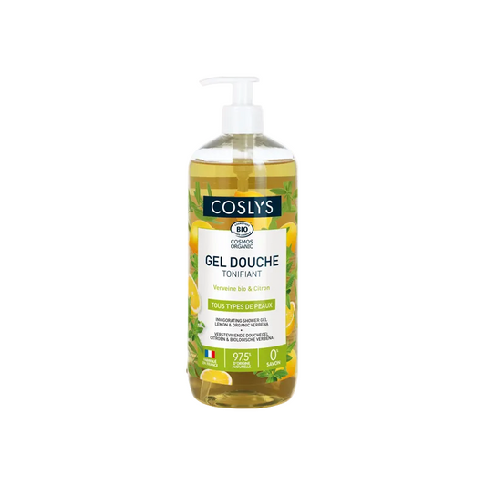 Coslys shower gel bottle on a white background