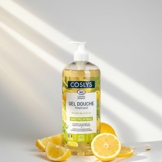 Coslys shower gel bottle on a white background